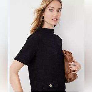 Ann Taylor Women's Black Tweed Short Sleeve Mock Neck Top Size Medium